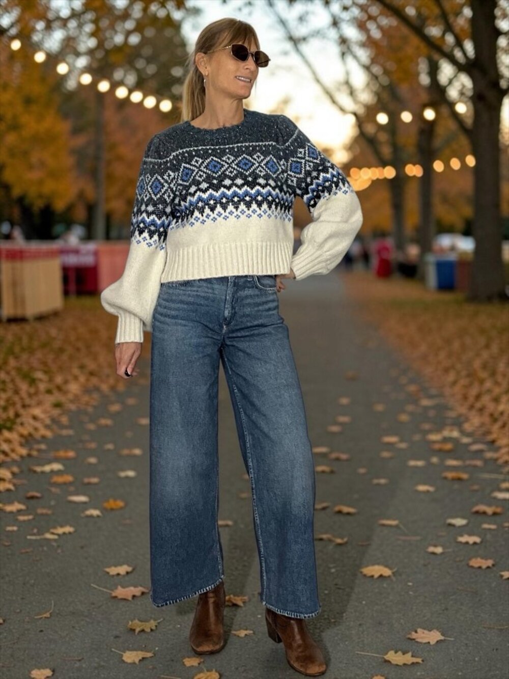 Zara Cropped Nordic Fair Isle Sweater S Blue Balloon Sleeve Crewneck